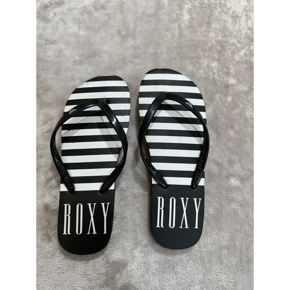 Roxy Flip Flops Women Size 6/7 Black & White Sandals Striped